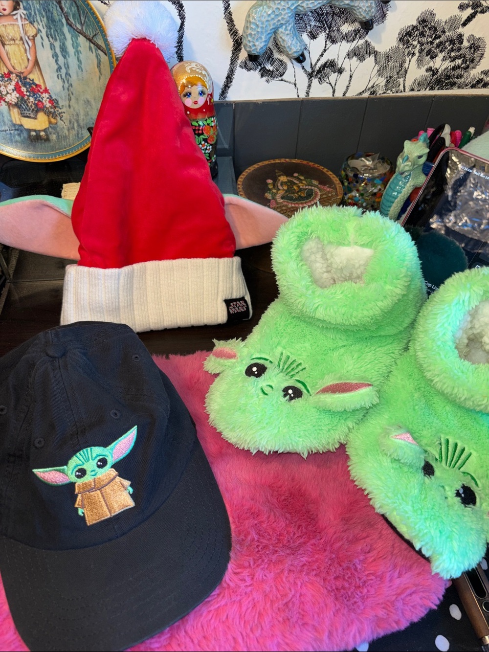 NWOT STAR WARS GROGU BABY YODA BUNDLE. One knit and velvet Santa hat with